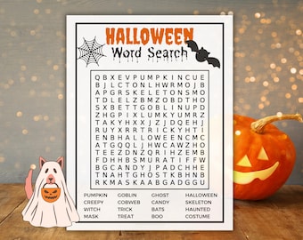 May include: A Halloween-themed word search puzzle with a black border, featuring a spider web and bat graphic. The puzzle includes words like "pumpkin" and "ghost." A carved pumpkin and a ghost-shaped character with a jack-o'-lantern are also present.