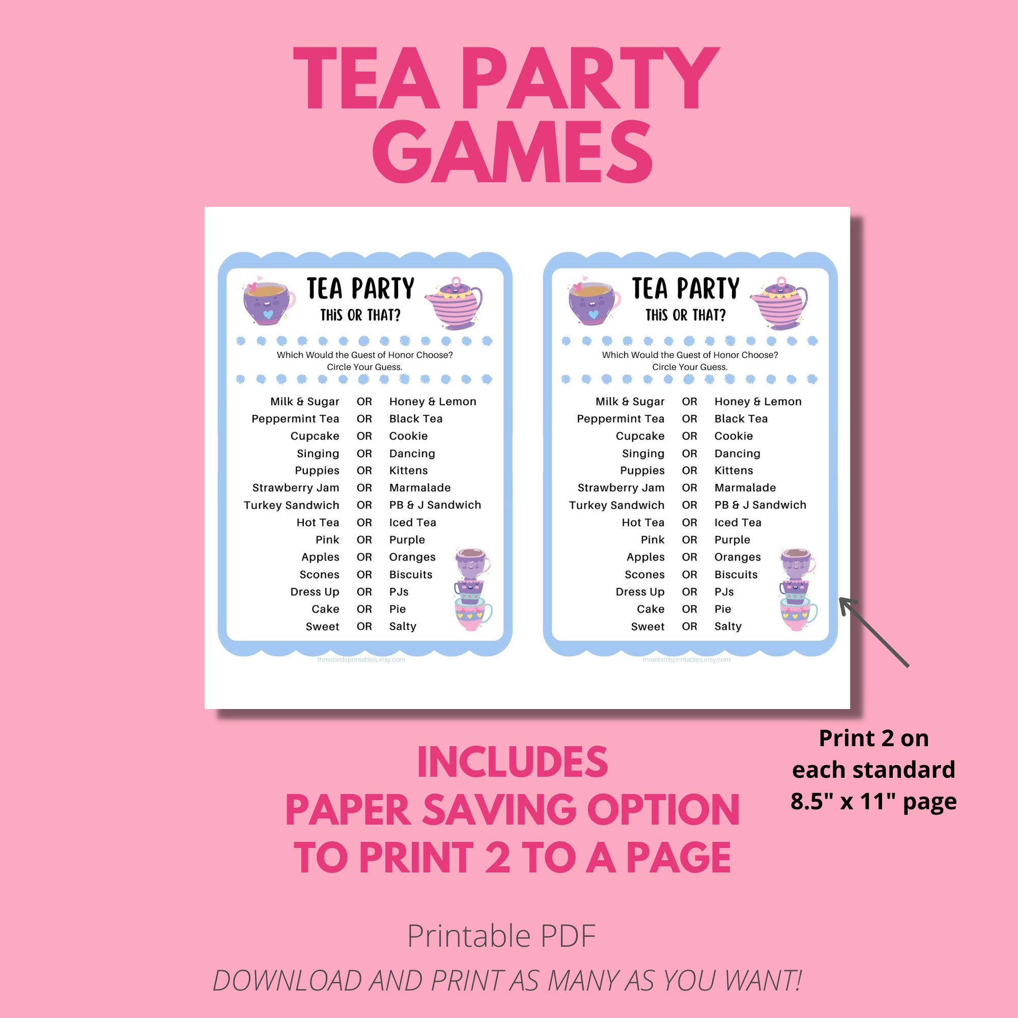 This or That Tea Party Game, INSTANT Download, Tea Party Games for Kids ...