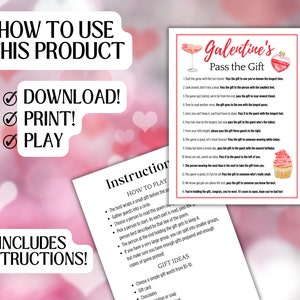 Puede incluir: Un juego de mesa imprimible para el D&iacute;a de la Galent&iacute;na con instrucciones sobre c&oacute;mo jugar. El juego se llama "Pass the Gift" e incluye una lista de indicaciones para pasar un regalo en c&iacute;rculo entre amigas. El juego est&aacute; ilustrado con corazones rosas, un c&oacute;ctel rosa, un frasco de perfume rosa y una magdalena rosa.