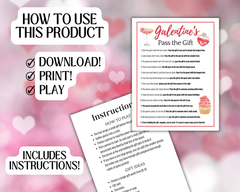 Puede incluir: Un juego de mesa imprimible para el D&iacute;a de la Galent&iacute;na con instrucciones sobre c&oacute;mo jugar. El juego se llama "Pass the Gift" e incluye una lista de indicaciones para pasar un regalo en c&iacute;rculo entre amigas. El juego est&aacute; ilustrado con corazones rosas, un c&oacute;ctel rosa, un frasco de perfume rosa y una magdalena rosa.