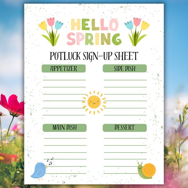 Spring Potluck Sign Up Sheet, Spring Sign Up Form, Potluck Sign up form, Spring break potluck sign up form, Spring Party Potluck Signup Form