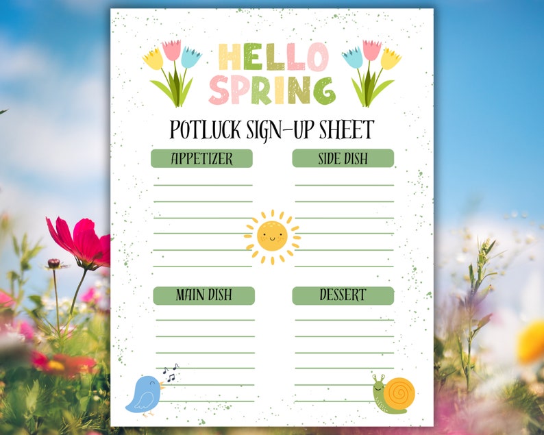 Spring Potluck Sign up Sheet, Spring Sign up Form, Potluck Sign up Form ...