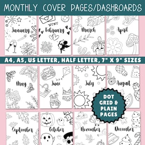 12 páginas de portada mensuales, página de portada temática de mes para Bullet Journal, páginas de título de diario, páginas de panel de control mensuales, tamaño carta A4, A5, 7 x 9, media carta