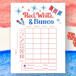 4. Juli Bunco Score Sheets, Juli Bunco Score Cards, Juli Bunco Spiel, Bunco Babe Karten, Juli Bunco Party, Rot, Weiß und Blau Bunco