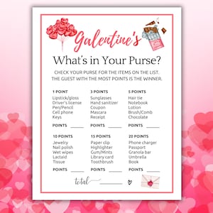 Galentine Spiel für Erwachsene, Galentines Spiel für Jugendliche, Galentine Spielenacht, Valentinstag, was in Ihrer Handtasche ist, Geldbeutel Spiel Galentines Tag