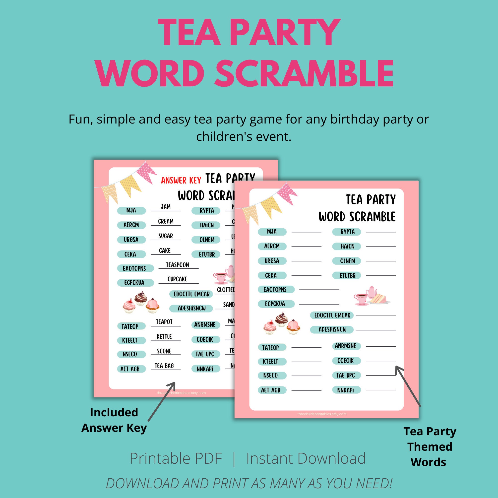 Tea Party Word Scramble Game for Kids, Tea Party Games for Kids,instant ...