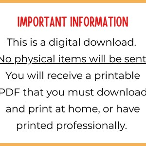 May include: A digital download notice with a yellow border and white background. The text in red says "IMPORTANT INFORMATION". The text below states that it is a digital download and no physical items will be sent. You will receive a printable PDF.