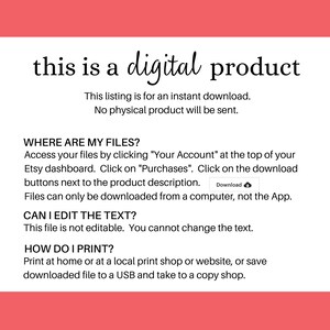 Puede incluir: Un gr&aacute;fico de informaci&oacute;n de producto digital rosa y blanco con el texto "this is a digital product". El gr&aacute;fico explica que el producto es una descarga instant&aacute;nea y que no se enviar&aacute; ning&uacute;n producto f&iacute;sico. Tambi&eacute;n explica c&oacute;mo acceder a los archivos, si el texto se puede editar y c&oacute;mo imprimir el producto.