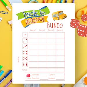 Folhas de pontuação do Bunco de volta às aulas, cartões de pontuação do Bunco dos dias escolares, jogo Bunco de setembro, cartões Bunco Babe, Bunco de agosto, jogo Bunco escolar
