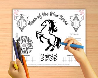 2026 Lunar New Year Coloring Placemat, Year of the Fire Horse Coloring Page, Chinese New Year Activity, Classroom Lunar New Year Activity