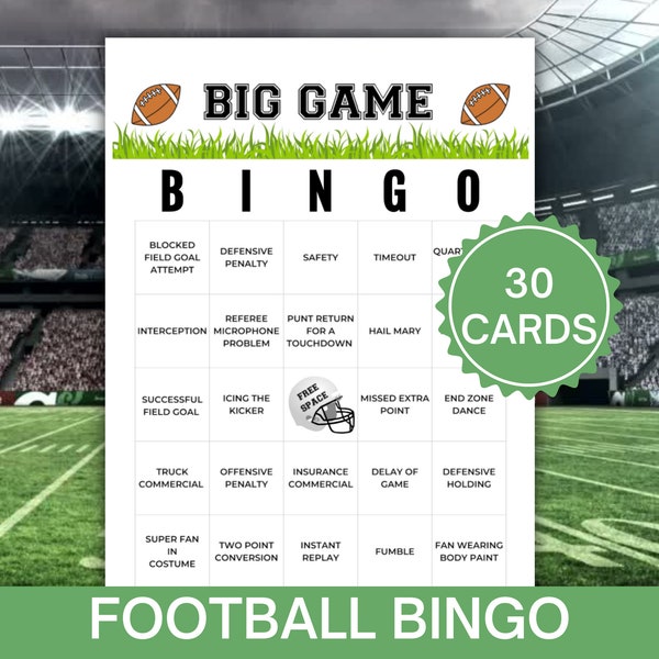 Football Bingo Cards, Football Party Game, Watch Party Game, Big Game party activity, College Football Bingo,  Pro Football bingo board, FB