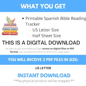 May include: A digital download for a printable Spanish Bible reading tracker in US Letter and Half Sheet sizes. The image shows a stack of books with a floral design. The text "THIS IS A DIGITAL DOWNLOAD" is also included.