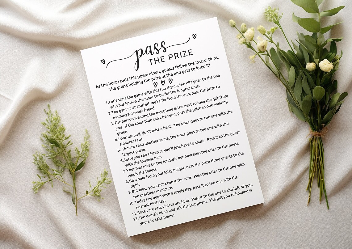 Pass the Prize Game, Rhyme Game, Minimalist Baby Shower Game, Pass the ...