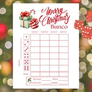Kerst bunco spel, vakantie afdrukbare bunco scorekaarten, kerst bunco aantekeningen, kerstfeest spelletjes, kerst bunco uitnodiging