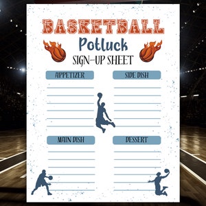 Puede incluir: Una hoja de inscripción imprimible para un potluck de baloncesto. La hoja de inscripción tiene cuatro categorías: aperitivo, acompañamiento, plato principal y postre. Cada categoría tiene la silueta de un jugador de baloncesto y líneas para que la gente escriba sus nombres y lo que traerán.
