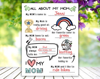 All About My Mom Printable, Mother's Day Gift from Kids, Mothers Day Activity, Mother's Day Card from Kids, Mother's Day Keepsake Coloring
