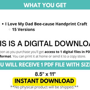 Puede incluir: Gr&aacute;fico de descarga digital con el texto "I Love My Dad Bee-cause Handprint Craft" y "15 Versiones". Tambi&eacute;n est&aacute; presente el texto "THIS IS A DIGITAL DOWNLOAD". El tama&ntilde;o del archivo es de 21,59 cm x 27,94 cm.
