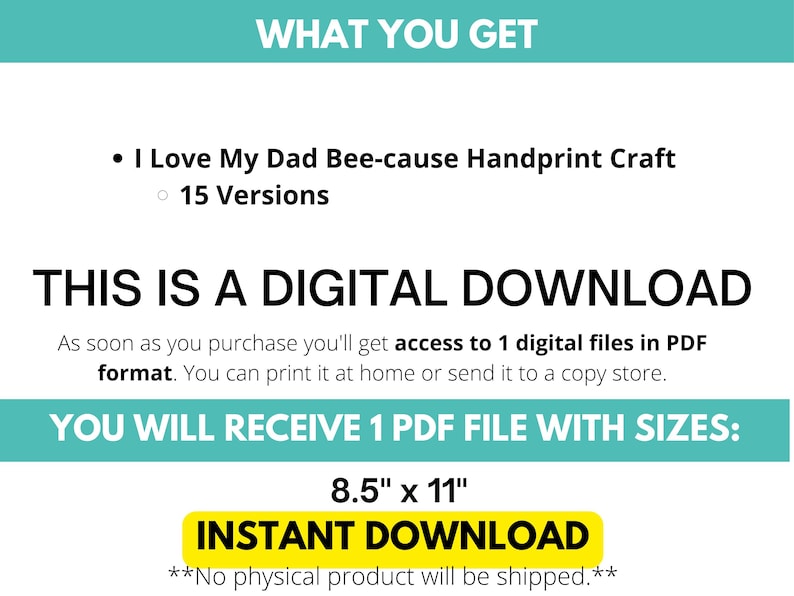 Puede incluir: Gr&aacute;fico de descarga digital con el texto "I Love My Dad Bee-cause Handprint Craft" y "15 Versiones". Tambi&eacute;n est&aacute; presente el texto "THIS IS A DIGITAL DOWNLOAD". El tama&ntilde;o del archivo es de 21,59 cm x 27,94 cm.