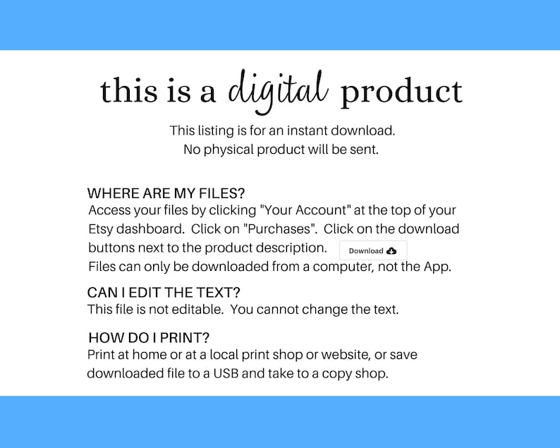 May include: A blue and white digital product information graphic with the text "this is a digital product". The graphic explains how to access digital files, edit text, and print the product.