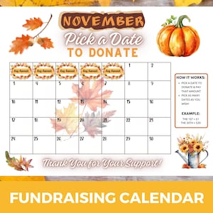 November Fundraising Calendar, 2025 Pick a Date Donate Calendar, Pick a Date to Donate, Cash Calendar, Team Fundraiser, Fundraising Tracker