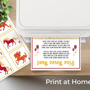 May include: A printer printing a "Fire Horse Hunt" game. The game features illustrations of horses in red and gold, with the text "Print at Home!" at the bottom. The game is designed for the New Year.