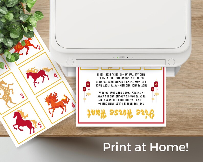 May include: A printer printing a "Fire Horse Hunt" game. The game features illustrations of horses in red and gold, with the text "Print at Home!" at the bottom. The game is designed for the New Year.