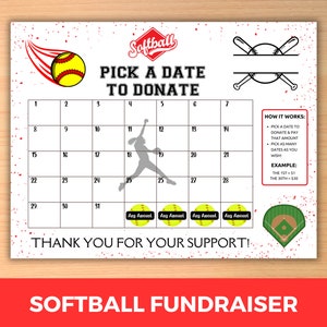 Softball Fundraiser Calendar, Pick a Date to Donate Calendar, Cash Calendar, Softball Team Fundraiser, Softball Fundraising Calendar