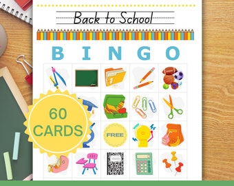 Tillbaka till skolan Bingo, 60 unika kort, första skoldagens isbrytare, klassrumsaktivitet, direktnedladdning, utskrivbart bingospel för barn