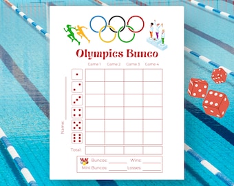 Może przedstawiać: Drukowana karta punktacji do gry w Bunco w stylu olimpijskim z motywem czerwono-biało-niebieskich pierścieni olimpijskich. Karta punktacji zawiera miejsca na cztery gry, łączną liczbę punktów oraz sekcję na wygrane i przegrane. Są też miejsca na Bunco i Mini Bunco.