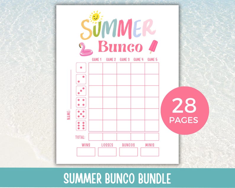 summer bunco theme, bunco score cards, bunco score sheets, tally sheets, bunco ghost player cards, bunco table cards, Summer Bunco Set, June bunco theme, July bunco theme, august bunco theme