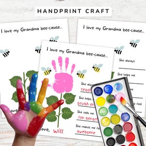 May include: A handprint craft kit with the text "I love my Grandma bee-cause..." and a hand painted in rainbow colors. The kit includes a watercolor palette, a paintbrush, and printed sheets with bee illustrations.