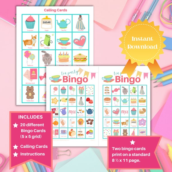 Tea Party Bingo Game for Kids, 20 Unique Tea Party Bingo Cards, Tea Party Bingo Birthday Party Printable Template, Digital Download