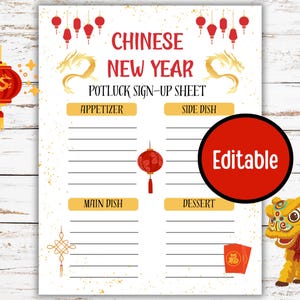 Hoja de inscripción para la comida compartida del Año Nuevo Chino, Año del Caballo 2026, Formulario editable para la comida compartida, Actividades del Año Nuevo Lunar, Celebración del Año Nuevo Lunar