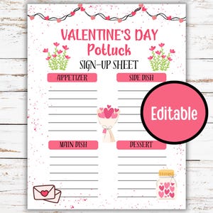 Valentinstag Potluck Sign Up Sheet, bearbeitbares Potluck Sign Up Form, Valentinstag Party, Valentinstag Aktivitäten, Valentinstag Klassenzimmer Party