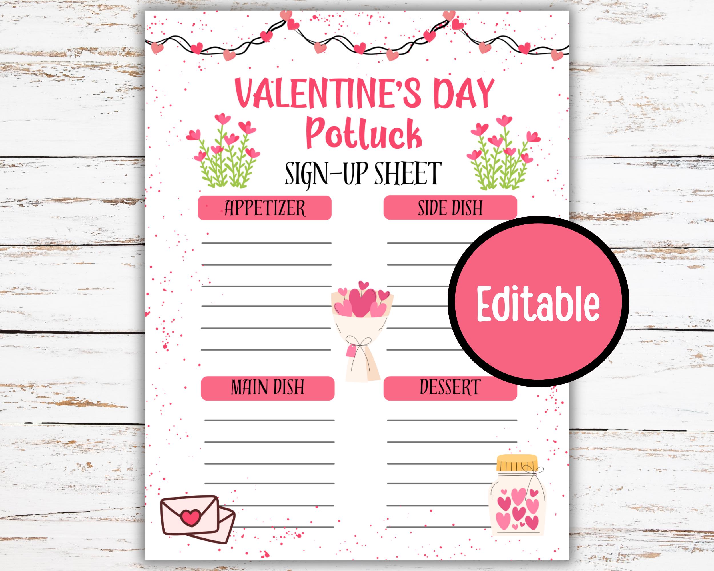 Valentines Day Potluck Sign up Sheet, Editable Potluck Sign up Form ...