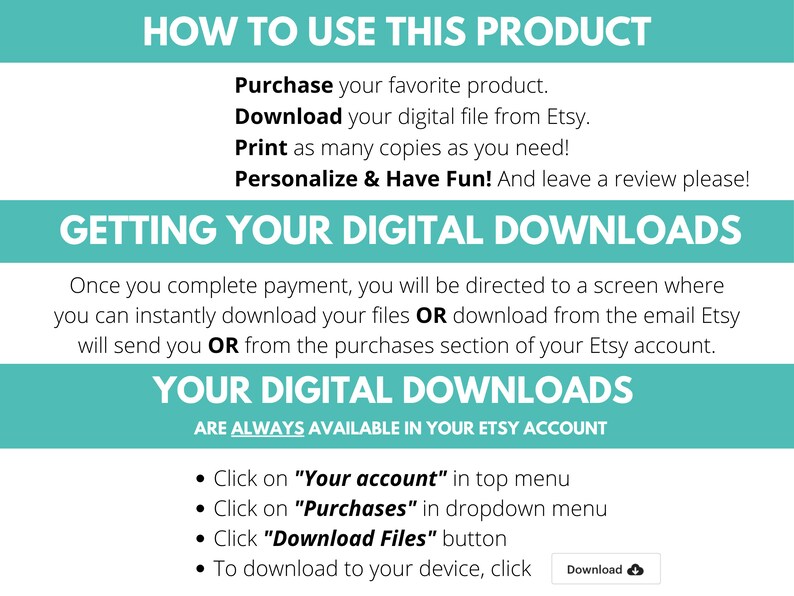Puede incluir: Una infograf&iacute;a turquesa y blanca que explica c&oacute;mo usar un producto digital comprado en Etsy. Las instrucciones incluyen la compra, la descarga, la impresi&oacute;n y la personalizaci&oacute;n. Tambi&eacute;n se proporciona informaci&oacute;n adicional sobre el acceso a descargas digitales en tu cuenta de Etsy.