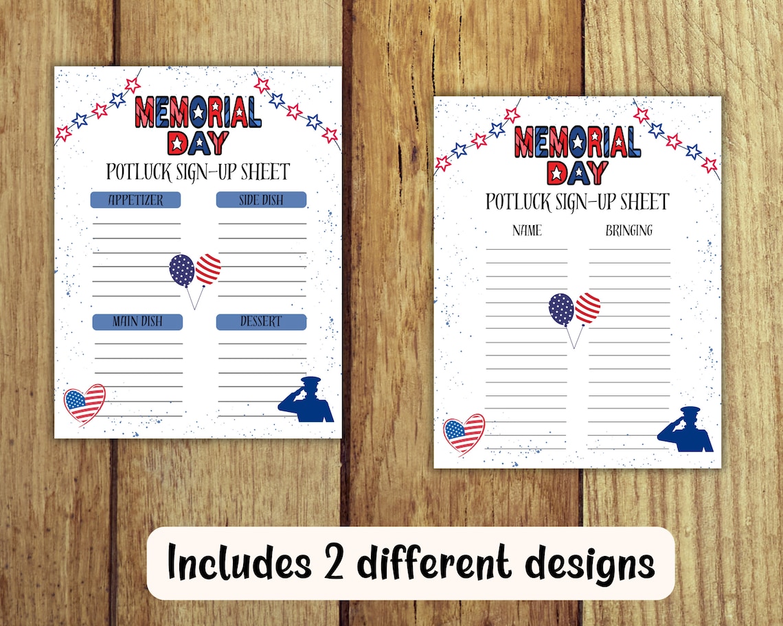 Memorial Day Potluck Sign up Sheet, Potluck Sign up Form, Memorial Day