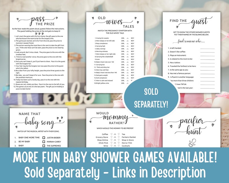 Pode incluir: Uma cole&ccedil;&atilde;o de cart&otilde;es de jogos para ch&aacute; de beb&eacute; com v&aacute;rios temas, incluindo "Pass the Prize" e "Old Wives' Tales". Os cart&otilde;es s&atilde;o brancos com texto preto e cora&ccedil;&otilde;es decorativos. A frase "Sold Separately!" est&aacute; num c&iacute;rculo azul.