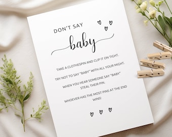 Jogo do Prendedor de Roupa "Não Diga Bebê", Placa "Não Diga Bebê", Jogos para Chá de Bebê para Imprimir, Placa para Chá de Bebê, Jogo "Não Diga Bebê", Chá de Bebê Minimalista