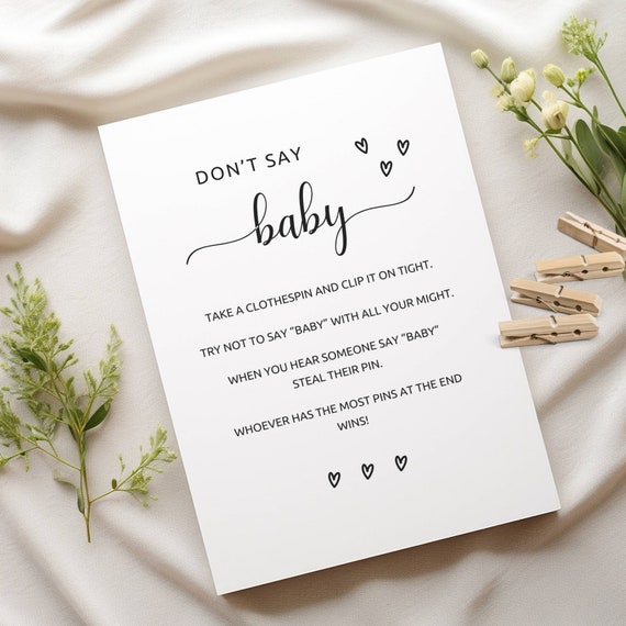 Don't Say Baby Clothespin Game, Don't Say Baby Sign, Baby Shower Games Printable, Baby Shower Sign, Don't Say Baby Game,  Minimalist Shower