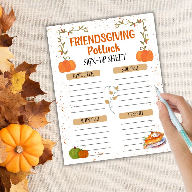 Friendsgiving Potluck Sign up Sheet, Friendsgiving Menu, Potluck Sign