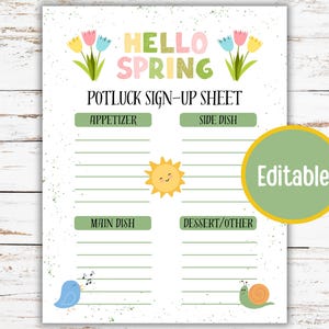 Formularz rejestracyjny na wiosenną imprezę Potluck, Formularz rejestracyjny na imprezę Garden Club Potluck, Menu na wiosenną przerwę, Formularz rejestracyjny na wiosenną imprezę Potluck