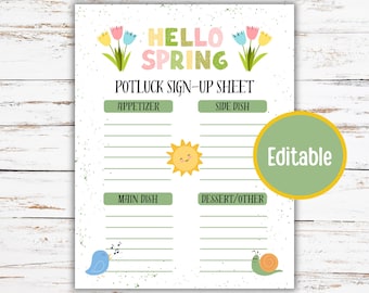 Feuille d'inscription pour le repas-partage du printemps, formulaire d'inscription pour le repas-partage du Garden Club, menu des vacances de printemps, formulaire d'inscription pour le repas-partage pour la fête de printemps