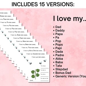 Puede incluir: Un mont&oacute;n de tarjetas blancas con ilustraciones de abejas y el texto "I love my..." seguido de varios t&eacute;rminos cari&ntilde;osos para padres. Las tarjetas est&aacute;n sobre un fondo rosa e incluyen el texto "INCLUDES 15 VERSIONS:"