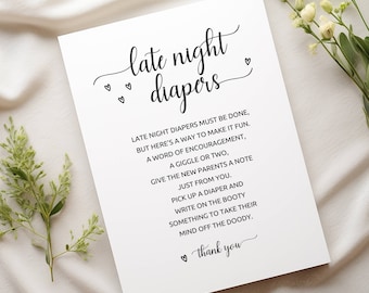 May include: A white card with black script that reads "late night diapers." The card includes a poem about late night diaper changes and a "thank you" at the bottom. Decorative hearts are scattered around the text.