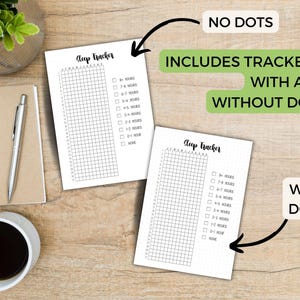 May include: Two printable sleep trackers, one with dots and one without. Both trackers have a grid for marking off days and a checklist for recording hours of sleep. The checklist includes options for 8 hours, 7-9 hours, 6-7 hours, 5-6 hours, 4-5 hours, 3-4 hours, 2-3 hours, 1-2 hours, 0-1 hour, and none.