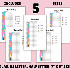 May include: Five printable year in pixels trackers in different sizes: A4, A5, US Letter, Half Letter, and 7" x 9". Each tracker has a grid with columns for each month and rows for each day of the year. The grid is colour-coded with different shades of pink, blue, yellow, and orange to represent different levels of accomplishment.