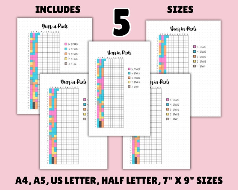 May include: Five printable year in pixels trackers in different sizes: A4, A5, US Letter, Half Letter, and 7" x 9". Each tracker has a grid with columns for each month and rows for each day of the year. The grid is colour-coded with different shades of pink, blue, yellow, and orange to represent different levels of accomplishment.