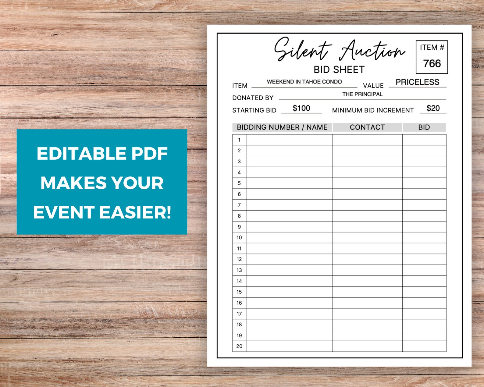 Editable Silent Auction Bid Sheet, Silent Auction Sign up Sheet, Silent ...