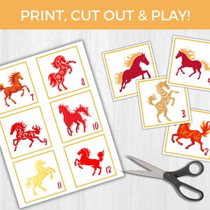 May include: A printable game featuring illustrated horses in red, orange, and gold, with numbers 2 through 12. The text "PRINT, CUT OUT & PLAY!" is at the top. Scissors are next to the game pieces.